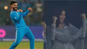 Anushka Sharma and Virat Kohli sharing a heartwarming moment in the stands after India's victory, capturing their love and support for each other Anushka Sharma and Virat Kohli sharing a heartwarming moment in the stands after India's victory, capturing their love and support for each other