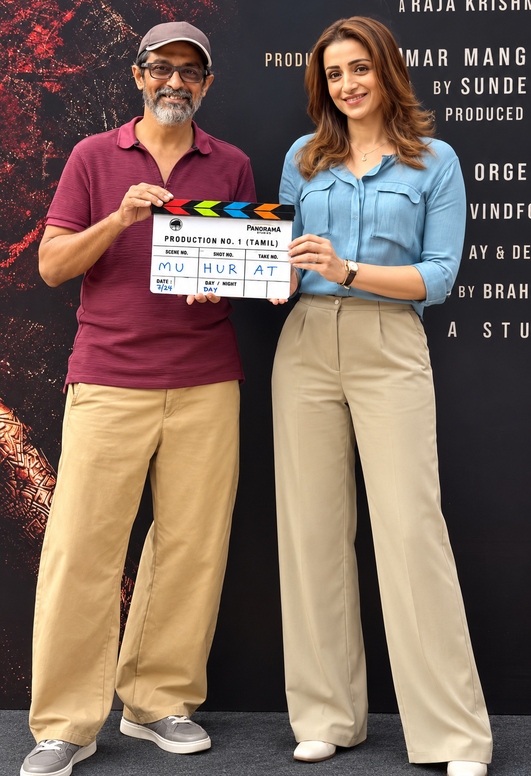 Trisha Krishnan psychological horror film London shoot commencement with clapperboard